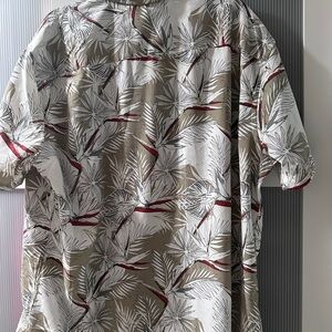 Tropical Print Short-Sleeve Shirt - Beige with White & Red